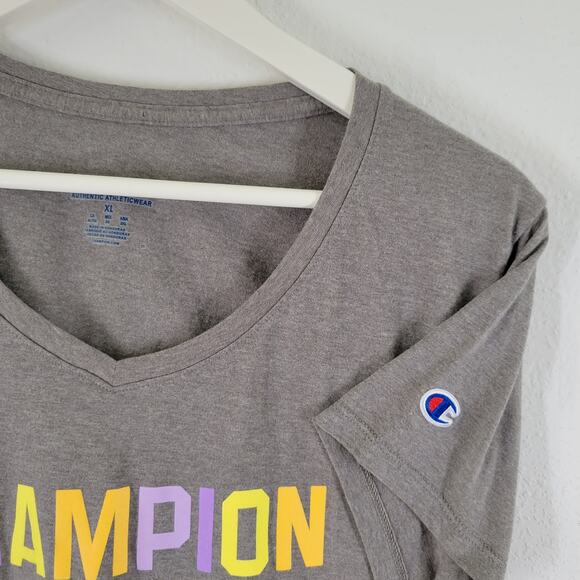 Champion Spellout T Shirt Womens Sz XL Gray V Neck Pastel Color Cute - Picture 2 of 6